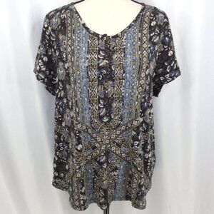 Lucky Brand Henley Top Womens Plus Size 2X Floral Boho Black Short Sleeve